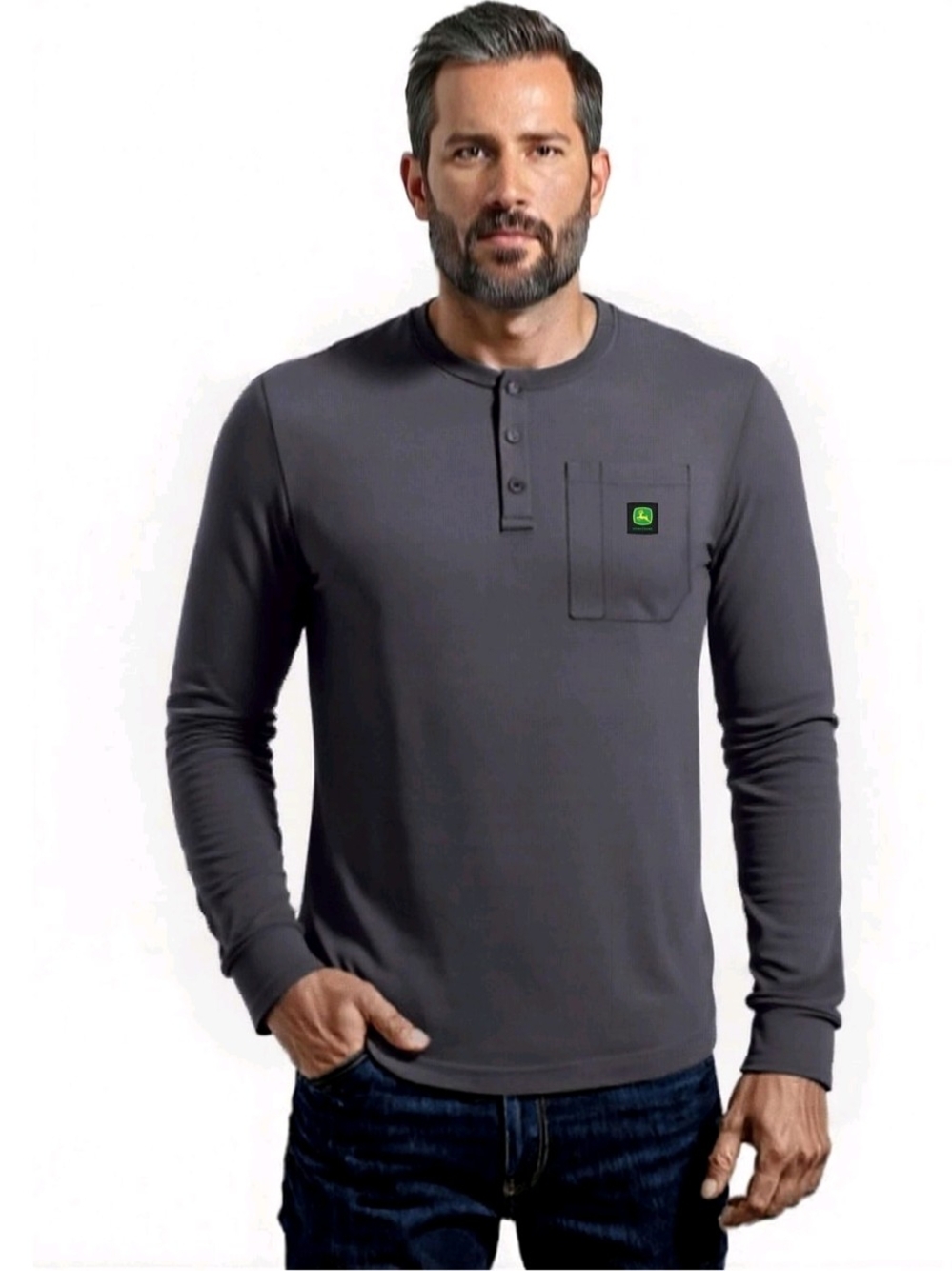 John Deere Men's Long-Sleeve Thermal Henley with Pocket Logo